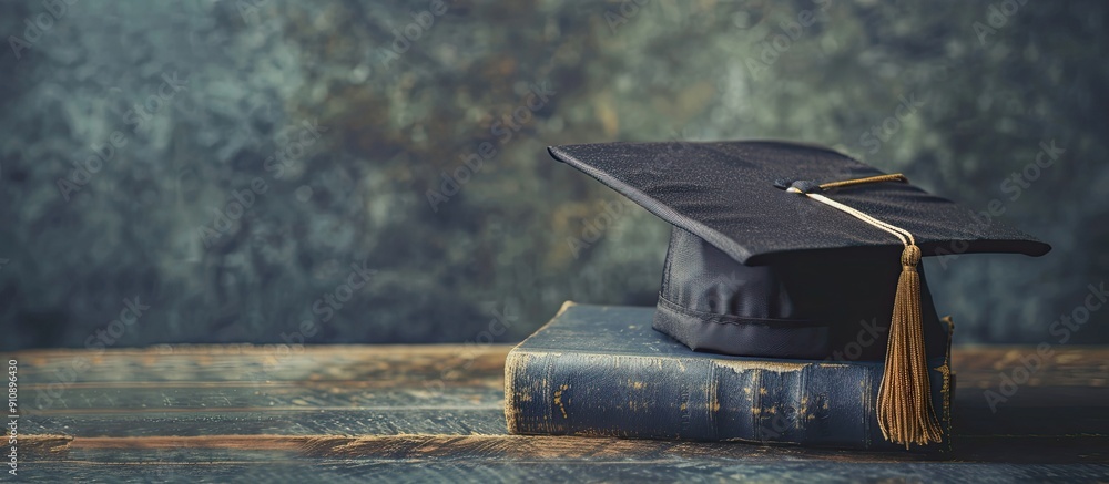 Poster Graduation cap resting on a book with a blank area for an image symbolizing the concept of obtaining knowledge at a university. Creative banner. Copyspace image