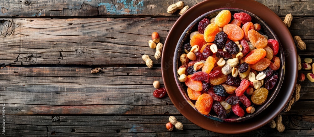 Poster plate of dried fruits and peanuts on a rustic wooden surface with available space for custom images.