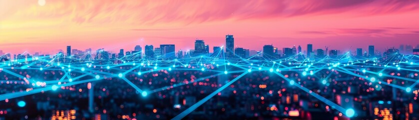 cityscape at sunset with glowing network connections - abstract urban landscape with digital connectivity and data flow visualization