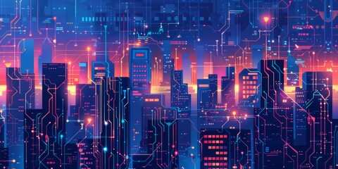 Fototapeta premium Futuristic Smart Cyber City illustration: Innovative Urban Landscape in Digital Circuitry, futuristic technology concept, Graphic Resources, Wallpapers, Brochure, Websites, banner design, Advertising,