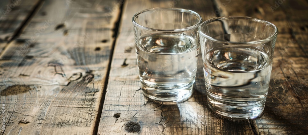 Aufkleber on a wooden table inside there are two glasses of water with a copy space image