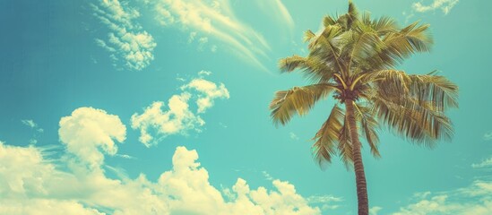Obraz premium Tropical beach scene with a palm tree against a blue sky and white clouds creating a vintage style color filtered image perfect for summer vacation and business travel concepts featuring a copy space