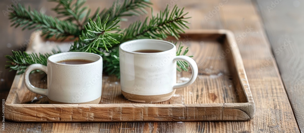 Poster White mugs on wooden trays displaying pine tree image in copy space image