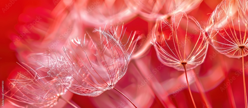 Poster macro close up image of dandelion pistils in spring showcasing their texture on a red background wit