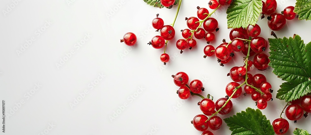 Poster Red currants ripe and leafy set on a white backdrop with room for text or images. Creative banner. Copyspace image