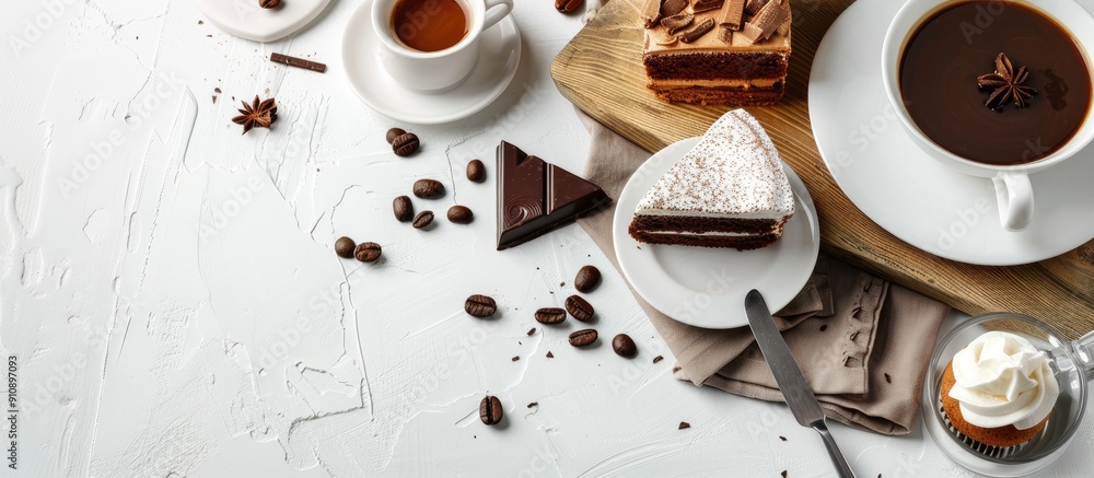 Leinwandbilder a wooden table setting displaying coffee cake dessert and chocolate with a clean white backdrop for 