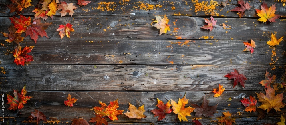 Poster fall foliage of maple trees on a vintage wooden backdrop with ample copy space image
