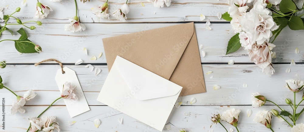 Poster white wooden background showcasing an envelope with a blank card tag and flowers creating a harmonio