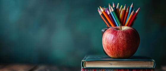 A red apple sits atop a stack of books with colored pencils in a holder nearby. This image is perfect for back to school themes. Back to school.