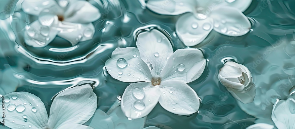 Poster macro shot of floating jasmine petals with a water drop perfect for backgrounds top view flat lay im