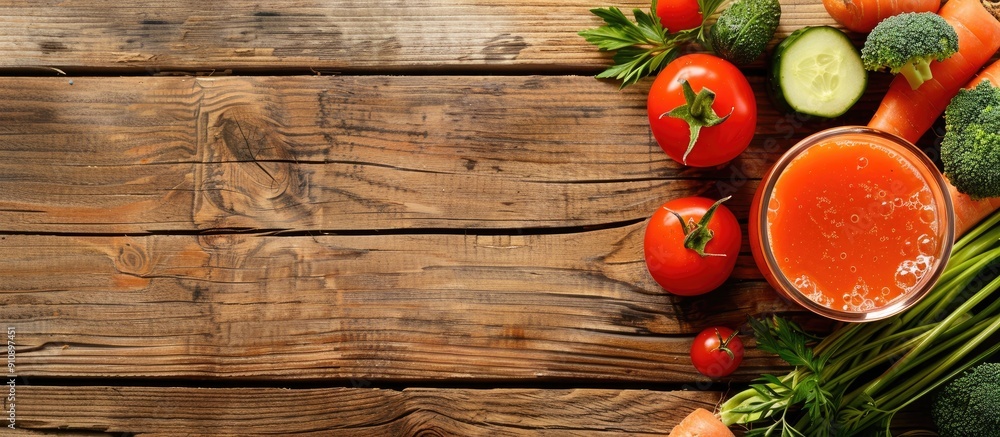 Poster A top down view of a wooden table with a fresh vegetable smoothie made of tomatoes cucumbers and carrots with empty space for text or visuals. Creative banner. Copyspace image
