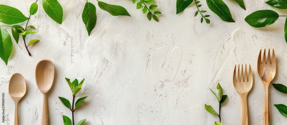Poster eco friendly cutlery on a light background for food delivery with a green leaf frame on a white back