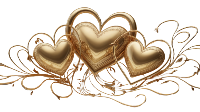 set of golden hearts isolated on transparent background