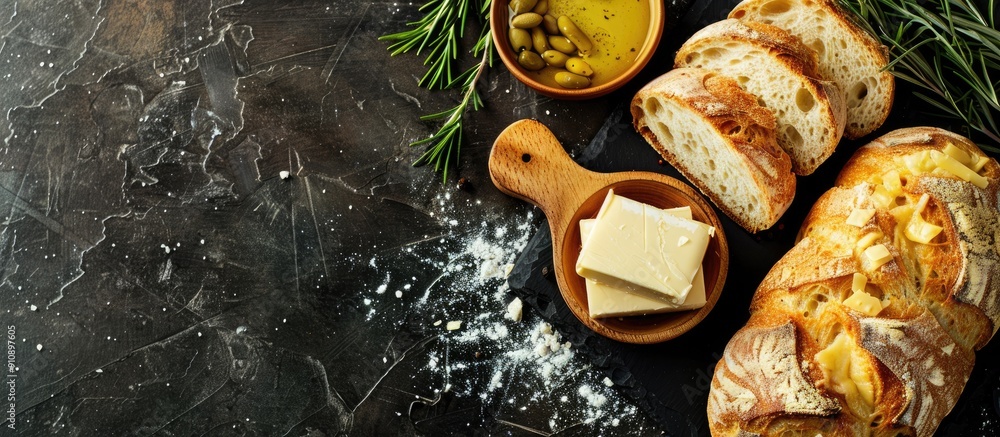 Poster freshly baked cheese bread accompanied by butter displayed in a copy space image