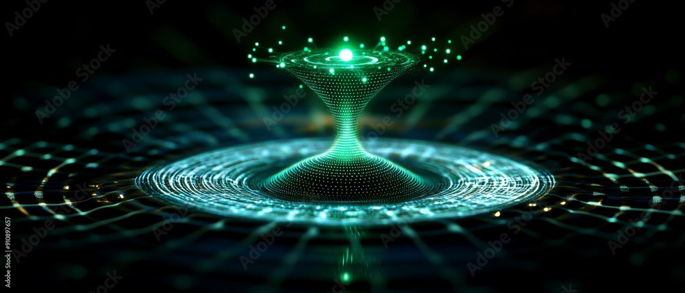 Poster a mesmerizing green abstract design depicting a swirling vortex with glowing particles, enhancing te