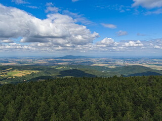 Aerial view of Owl Mountains form Great Owl (Wielka Sowa), Poland, Lower Silesia.