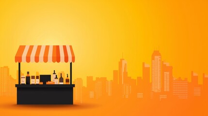 Obraz premium A vibrant outdoor bar stand with bottles against a warm sunset city skyline. Perfect for summer events and nightlife themes.
