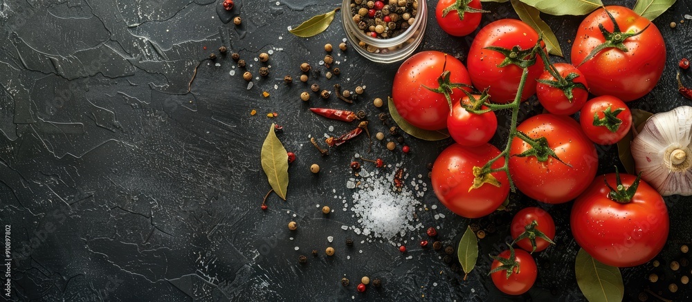 Poster Fresh tomatoes bay leaves salt pepper and red sauce spices on a dark table with a clear area for additional elements in the image