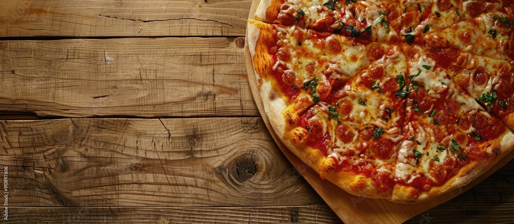 Poster pizza on the table seen from above providing a clear copy space image