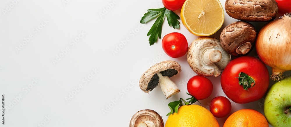Poster a variety of fresh fruits and vegetables along with mushrooms are beautifully displayed on a white b