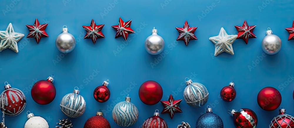 Poster festive christmas decorations displayed against a blue backdrop with ample copy space image arranged