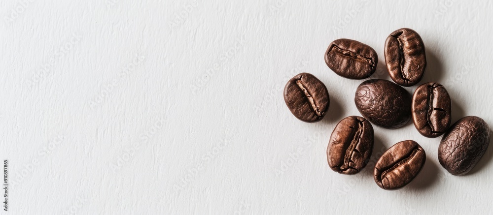 Fototapete macro shot of coffee beans and coin on a white backdrop with ample copy space image