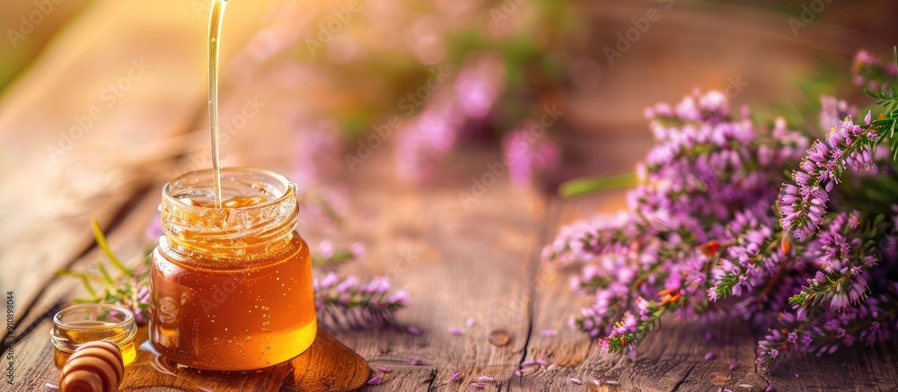 Poster Honey being poured into a jar and heather flowers arranged on a wooden table with space for text beside a copy space image