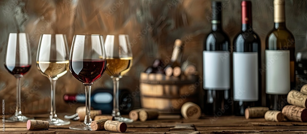 Poster Table with wine bottles glasses corks and copy space image in the background
