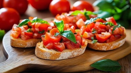 A platter of tomato bruschetta with fresh basil, garlic, and olive oil on toasted bread