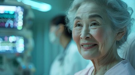 A close-up shot of an elderly woman with a joyful smile, sitting in a hospital setting. The background shows blurred medical monitors and a healthcare professional wearing a mask