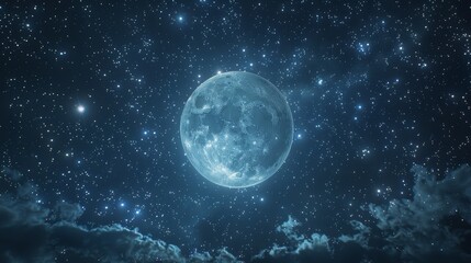 Fototapeta premium A full moon shines brightly in a night sky filled with twinkling stars and wispy clouds.