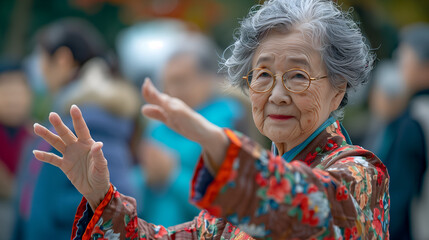 An elderly woman gracefully performs Tai Chi in an outdoor setting, surrounded by a blurred crowd. She is wearing a traditional, colorful outfit with intricate floral patterns and round glasses.