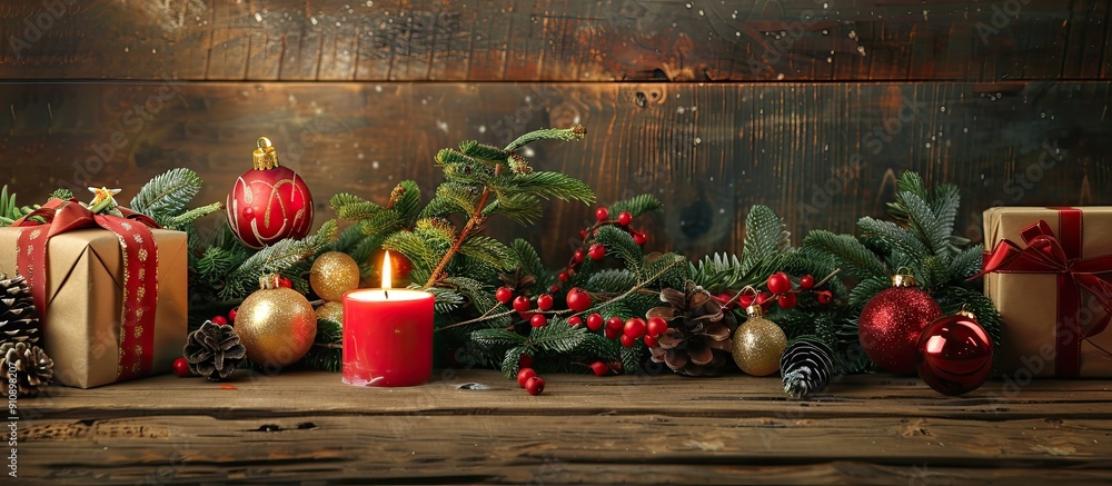 Canvas Prints A festive holiday arrangement with Christmas decorations like ornaments evergreen branches candles and gifts displayed on a wooden surface with copy space image