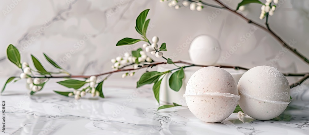 Poster White marble table with a green twig and lovely scented bath bombs offering a good view for your text copy space image