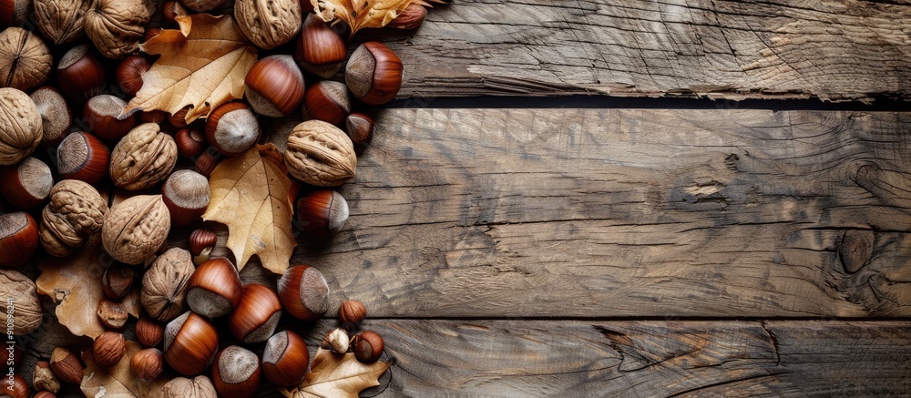 Poster healthy concept with hazelnuts and nuts arranged beautifully on a wooden table perfect for a copy sp