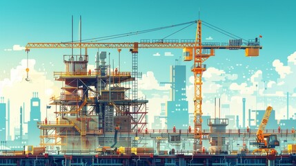 A large construction site with cranes and workers building a skyscraper in a city skyline.