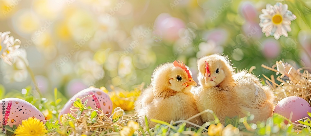 Aufkleber an easter themed banner with charming chickens colorful flowers and a festive atmosphere perfect for