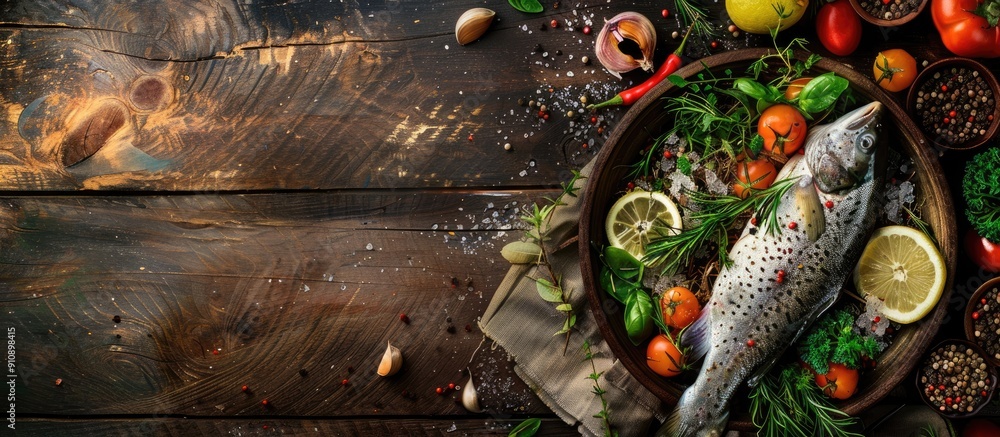 Poster Raw river fish with herbs veggies and spices on a rustic wooden backdrop in a clay pot creating a picturesque top view with room for text or other elements. Creative banner. Copyspace image