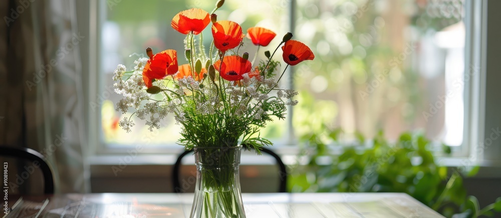 Poster a vase with a vibrant mix of spring and summer flowers including red poppies sits on a table in the 