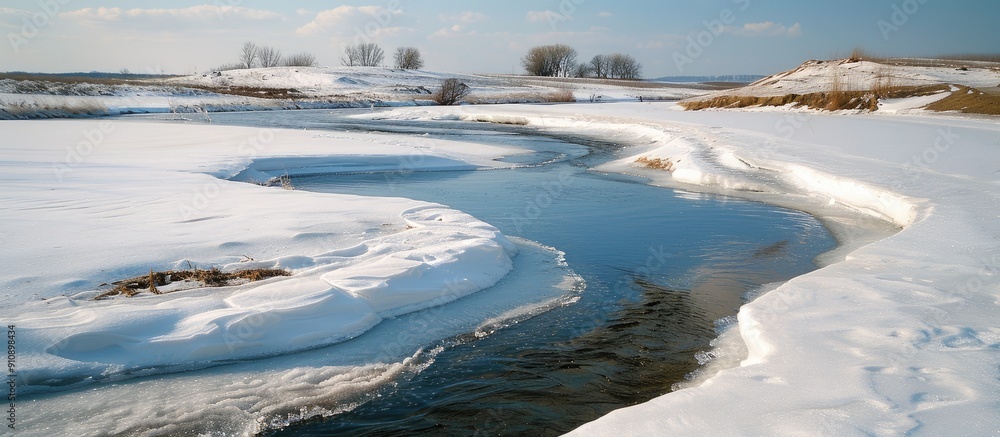 Fototapete springtime river with ice and cracks ideal for a copy space image
