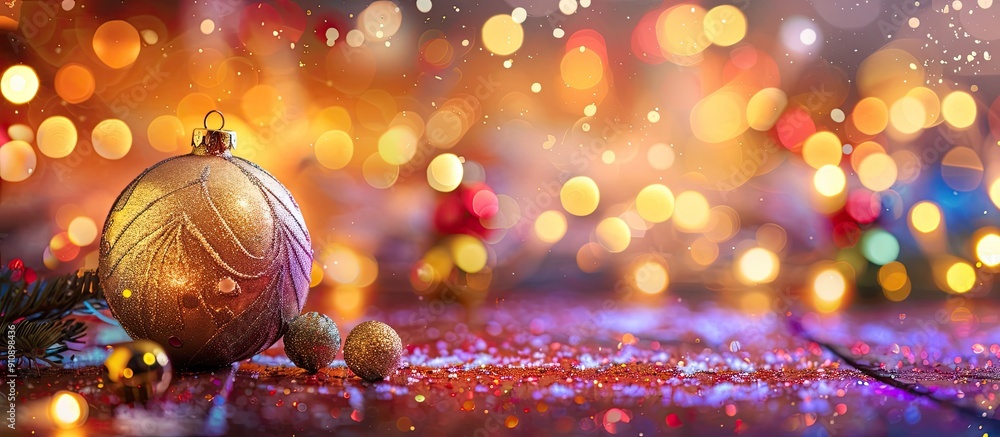 Poster golden shiny christmas ball in selective focus with multicolored blurred lights and decorations in t
