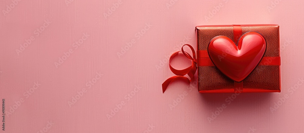 Aufkleber Top down view of a red heart and gift box on a pink background ideal for Valentine s Day themes with a space for custom text like a copy space image
