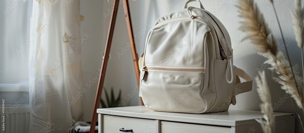 Poster white stylish backpack displayed on a chest of drawers indoors with available copy space image