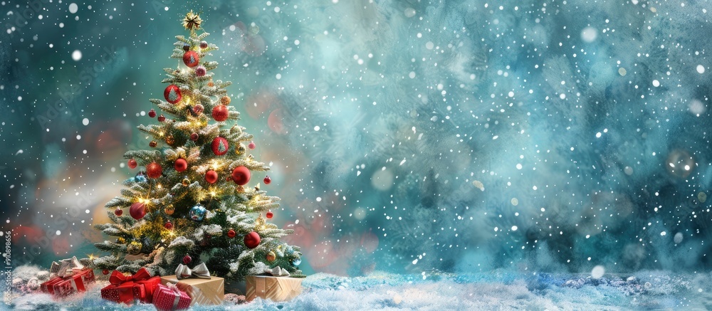 Poster a festive christmas scene with a decorated tree holiday ornaments and a snowy backdrop ideal for a c