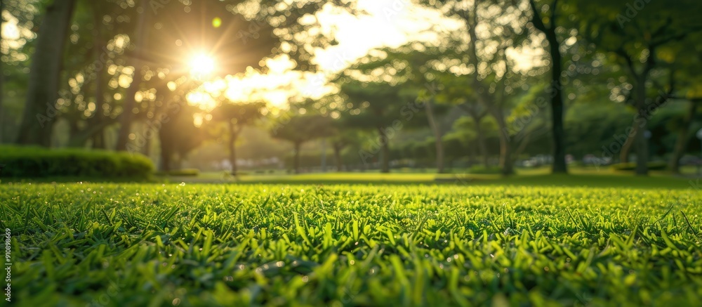 Aufkleber green grass fields and fresh tree plants in a public park under beautiful morning light provide a ve