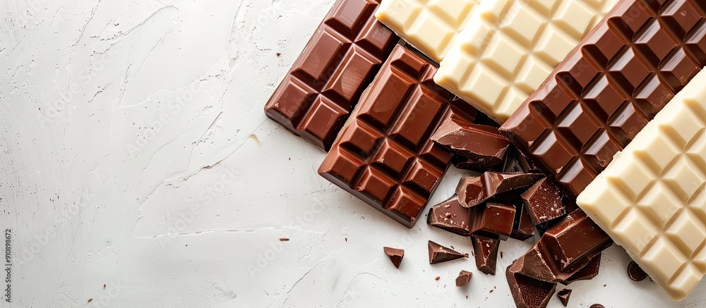 Aufkleber Isolated on a white background a display of milk and dark chocolate bars with copy space image