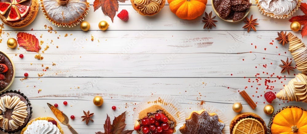 Aufkleber table scene featuring a variety of classic autumn desserts arranged along the side border on a white