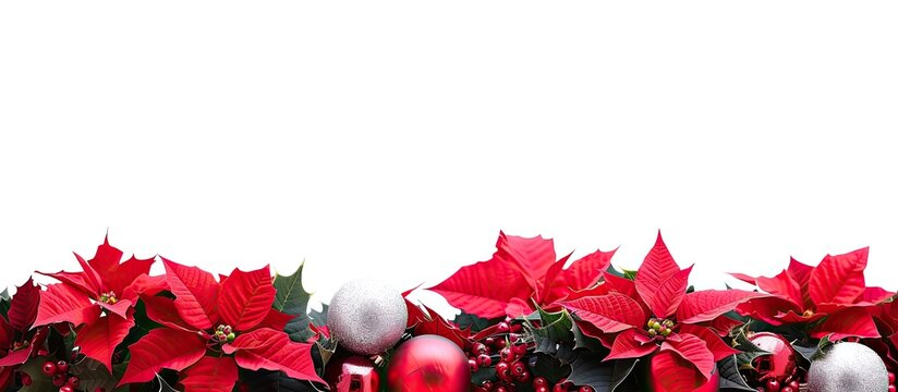 Festive border featuring poinsettias and holiday ornaments set against a white backdrop designed for adding text in a copy space image
