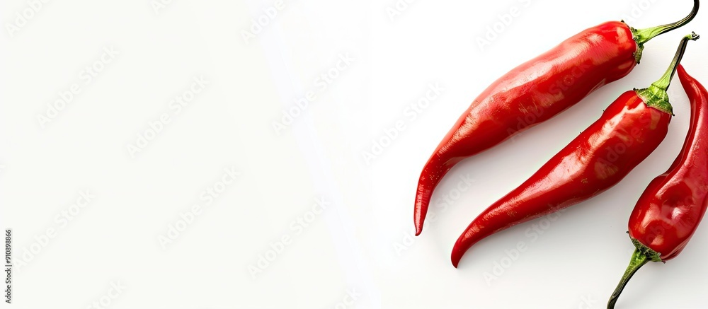 Poster a white background showcases two vibrant red chili peppers with ample copy space image available