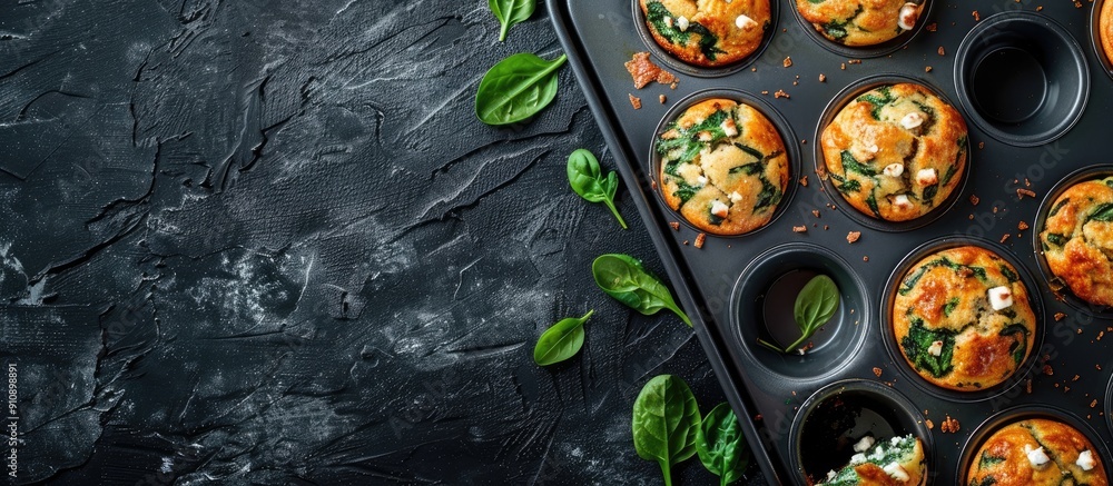 Poster Muffins with spinach and feta just out of the oven displayed in a baking tin with available copy space image